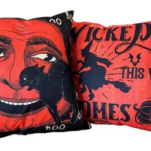 Set/2 18" Vintage-Style Halloween Pillow Covers Flying Witch Man in the Moon